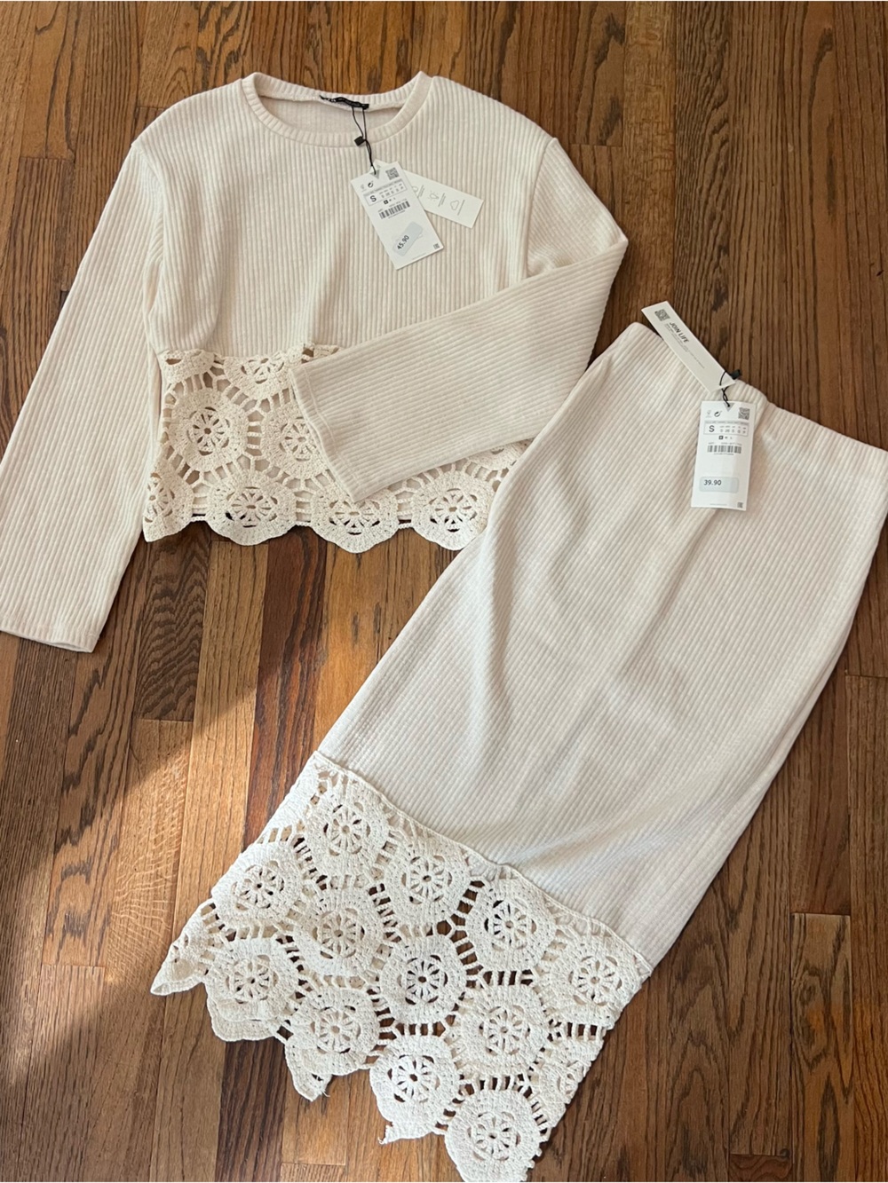 ZARA Set Ecru Cream Crochet Lace knit light sweater Top & Skirt set small S NEW